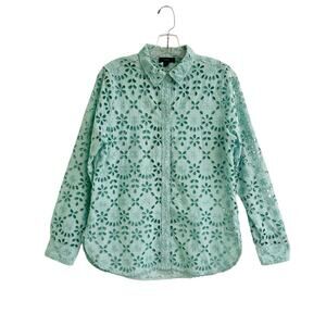 J. Crew Button-Up Shirt Embroidered Eyelet Sz 12  Preppy Coastal Aqua Green